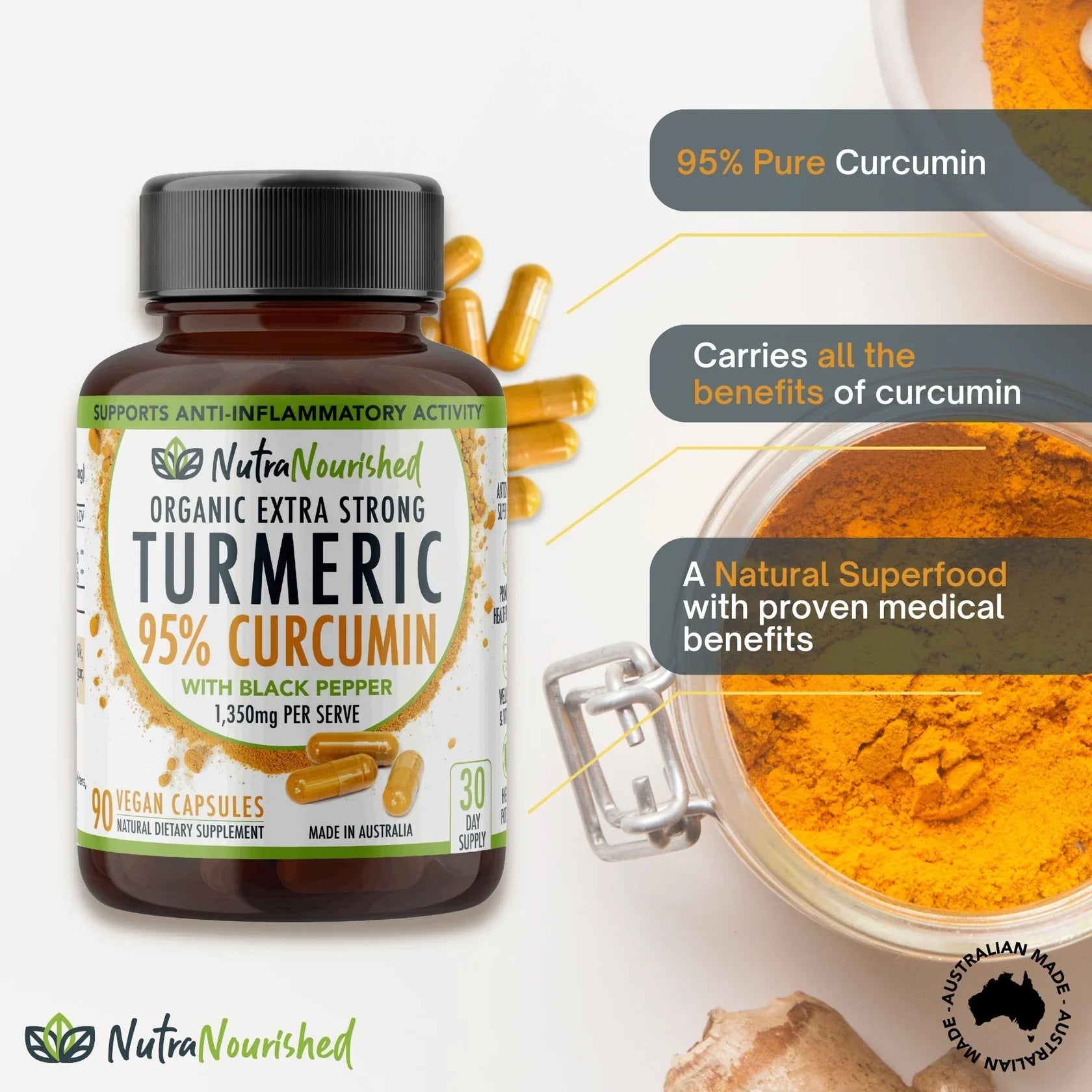 Dark Slate Gray VALUE BUNDLE: Organic Pure Curcumin Tablets - 95% Pure Organic Vegan - 2 x 90 Turmeric Extract Buffered Capsules with Black Pepper (1,350mg)